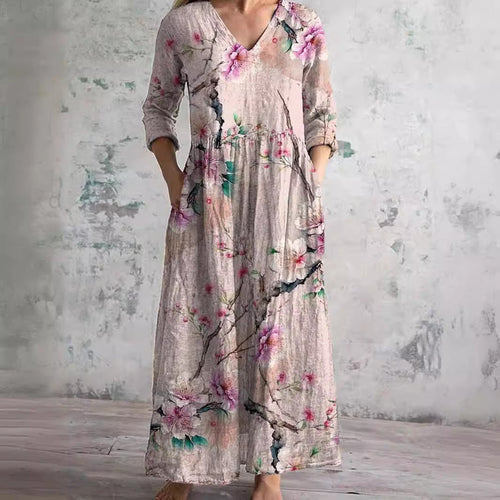 Robe longue à col en V avec imprimé floral botanique et poches