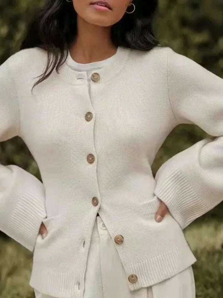 Women's Fitted Button-Up Knit Cardigan with Flap Pockets