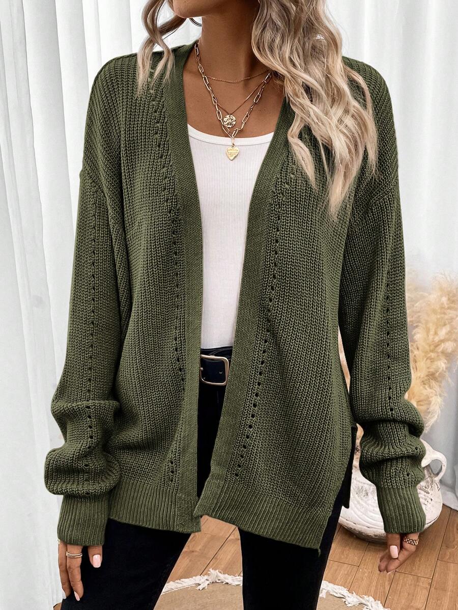 Women's Pointelle Knit Open Front Longline Cardigan