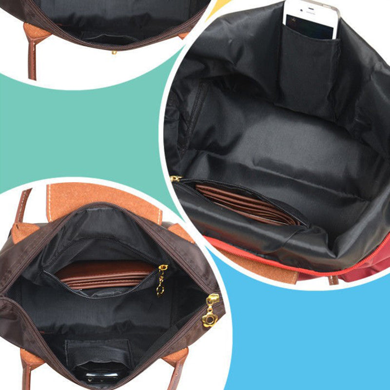 Foldable Nylon Tote Bag with Leather Trim
