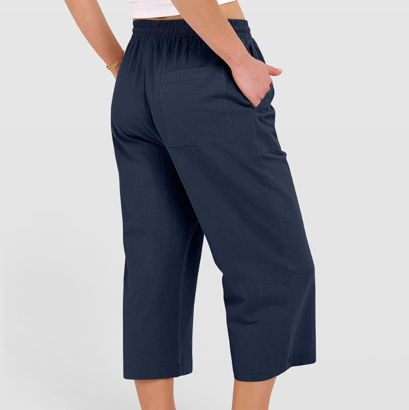 Wide Leg Cropped Linen Trousers with Drawstring Waist