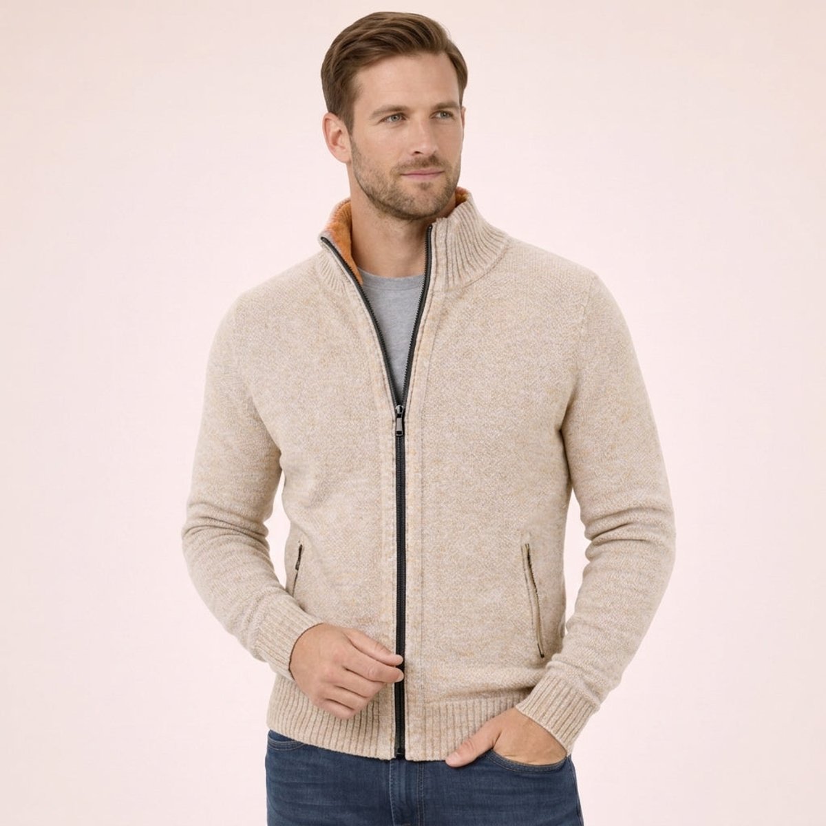 Men's Textured Knit Full-Zip Mock Neck Sweater