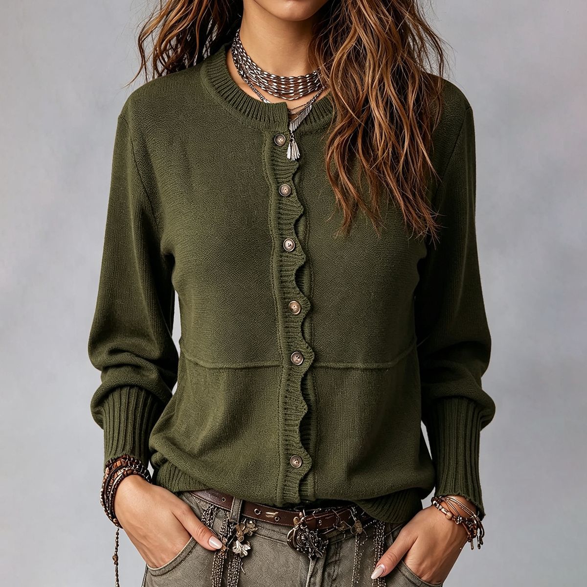 Women's Button-Front Knit Cardigan with Scalloped Trim