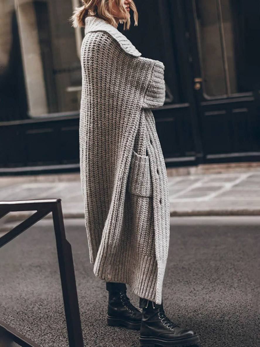 Cardigan long à revers pour femme, oversize, en maille côtelée épaisse