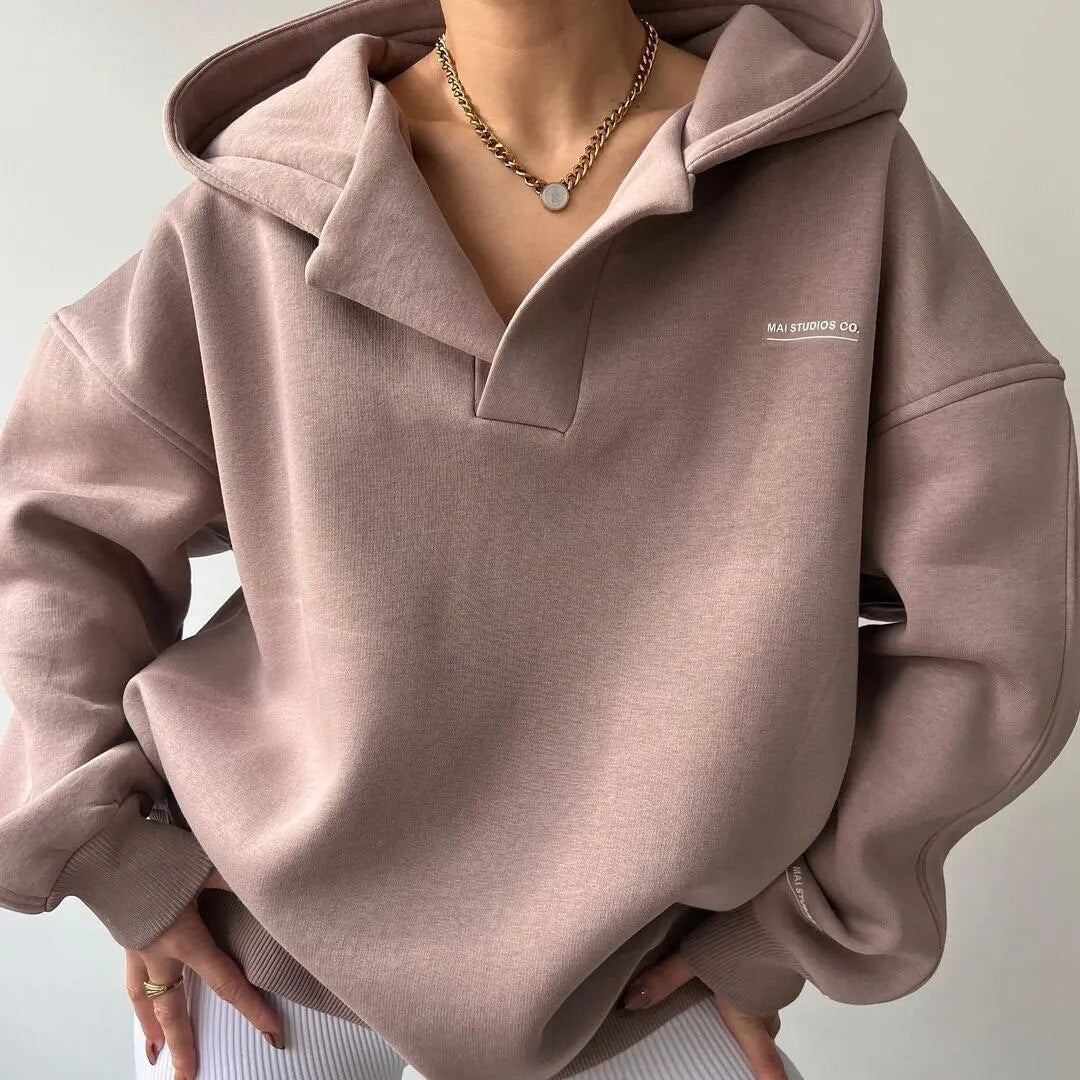Women's Oversized Polo Hoodie with Open Collar