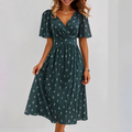 Robe midi ajustée et évasée à col V, à motif floral délicat, pour femme