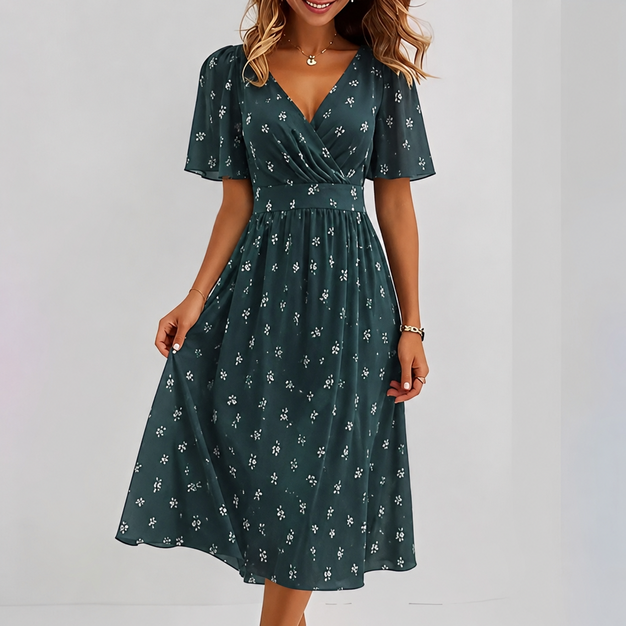 Robe midi ajustée et évasée à col V, à motif floral délicat, pour femme
