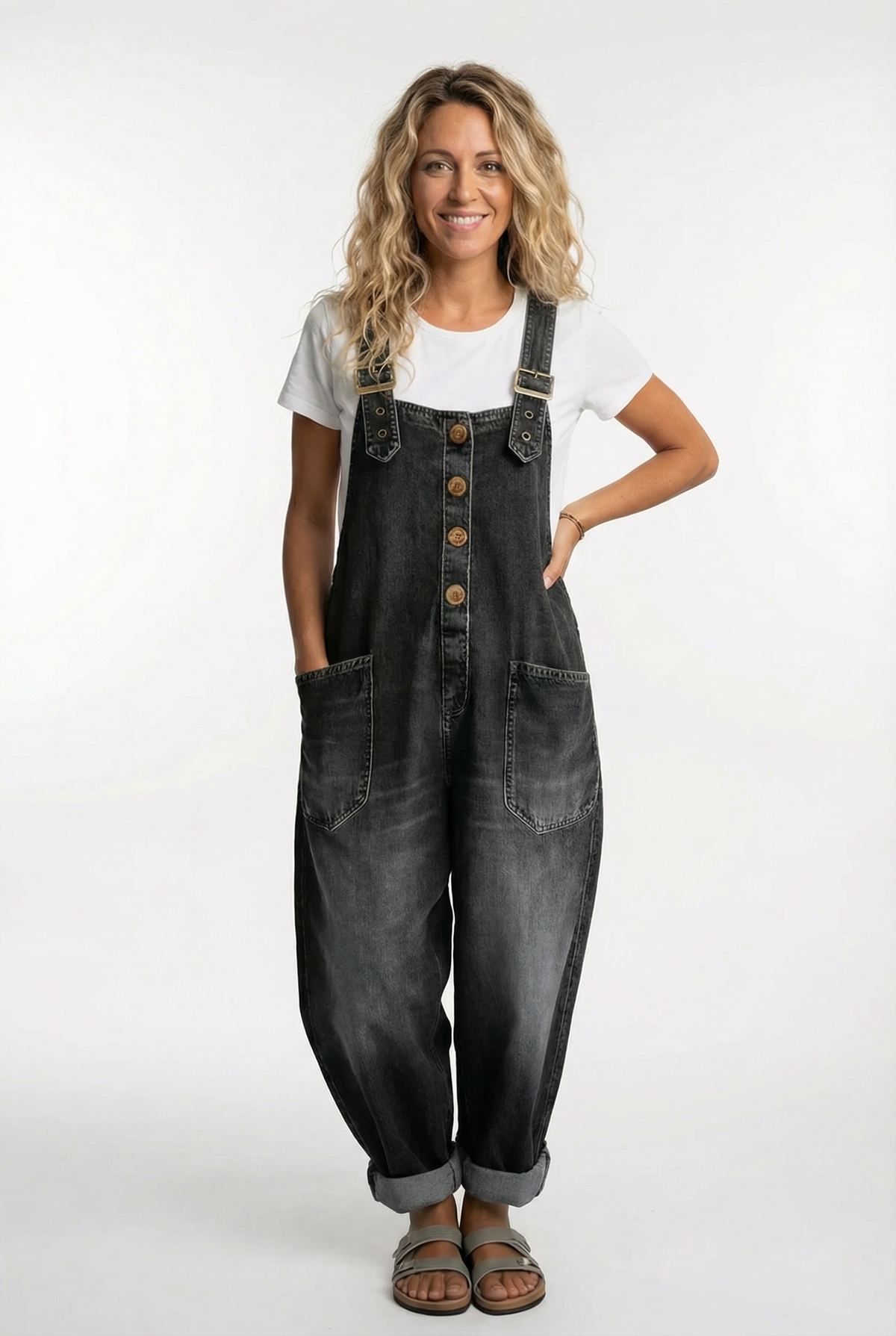 Women's Button-Up Denim Overalls with Pockets