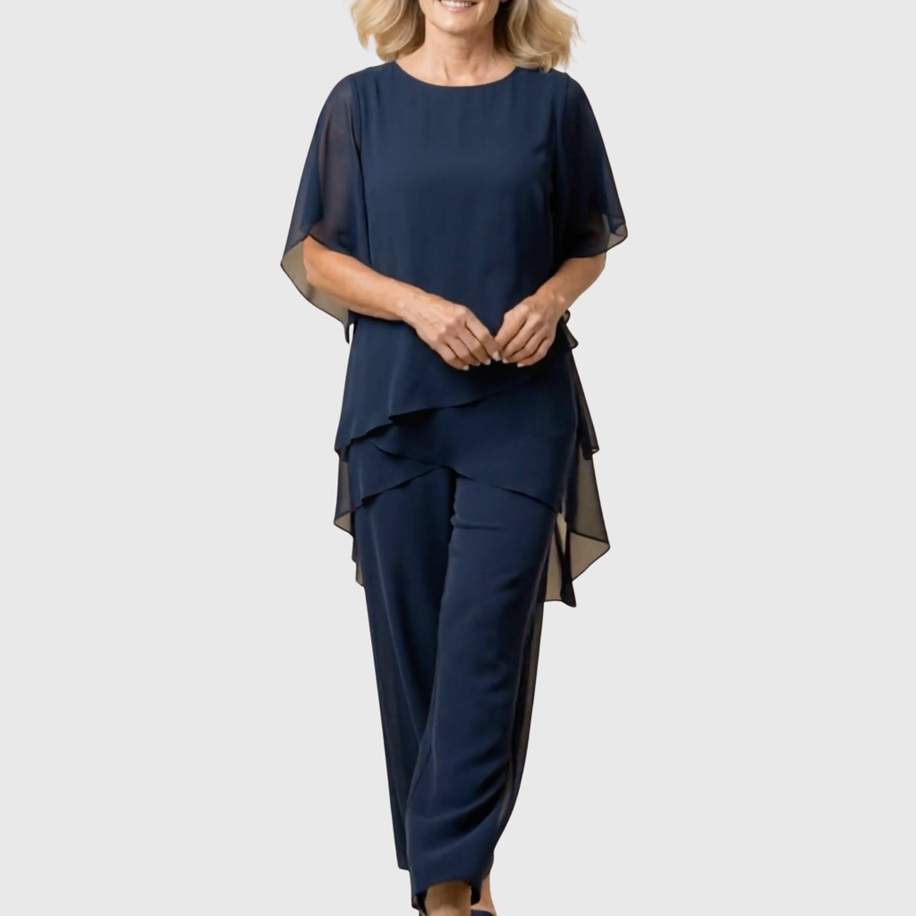 Tiered Chiffon Cape Sleeve Top &amp; Trouser Set