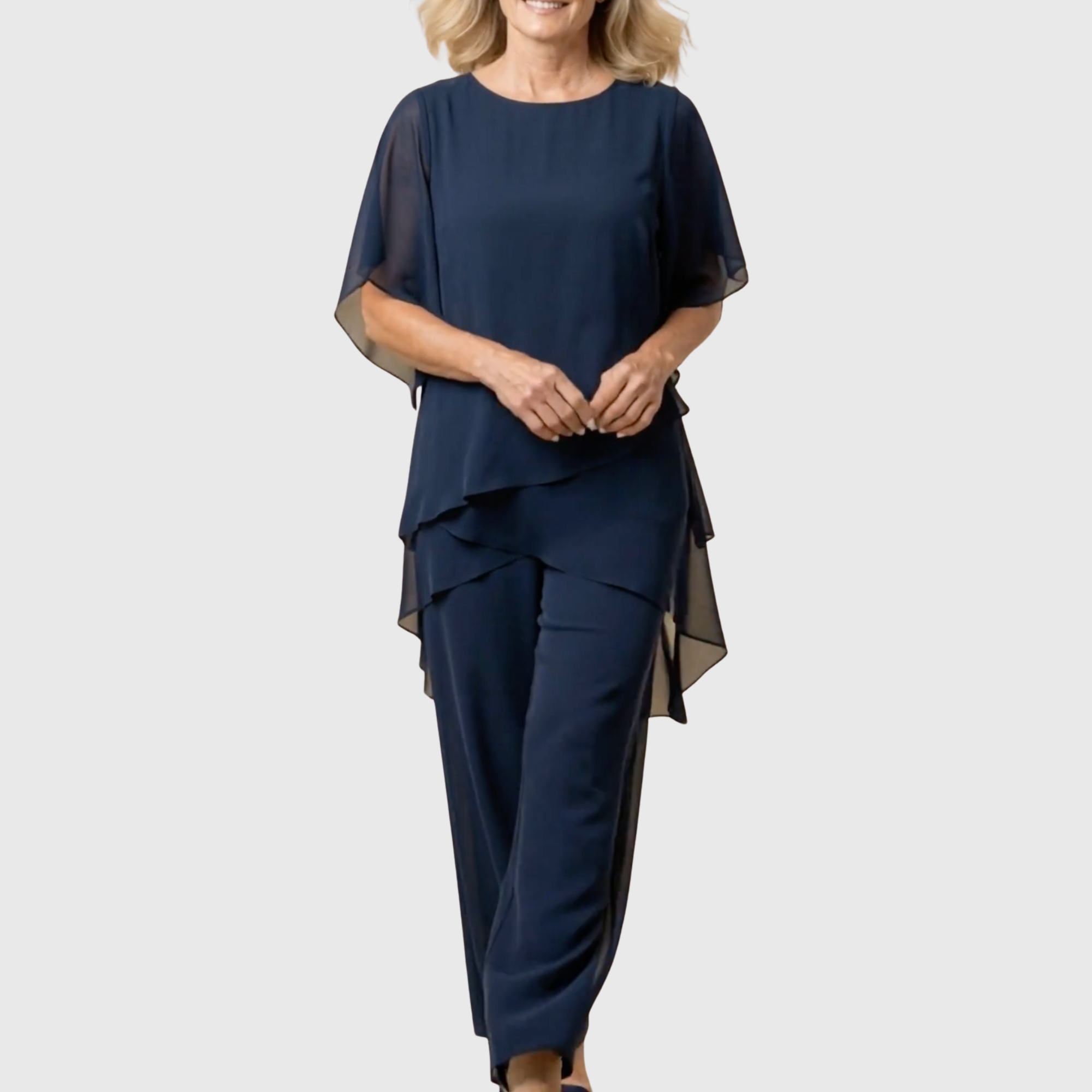 Tiered Chiffon Cape Sleeve Top &amp; Trouser Set
