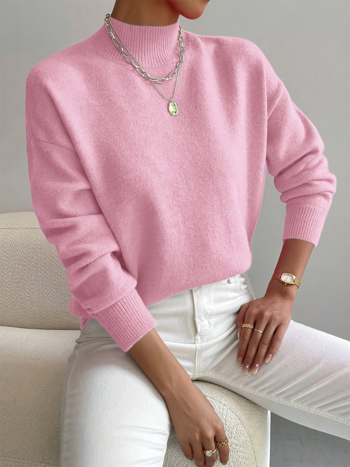 Women's Mock Turtleneck Relaxed Fit Long Sleeve Sweater