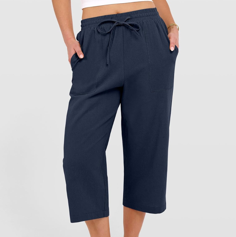 Wide Leg Cropped Linen Trousers with Drawstring Waist