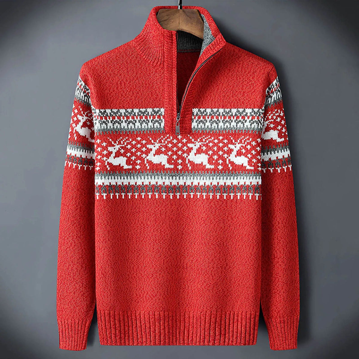 Men's Fair Isle Half Zip Sweater with Reindeer Pattern