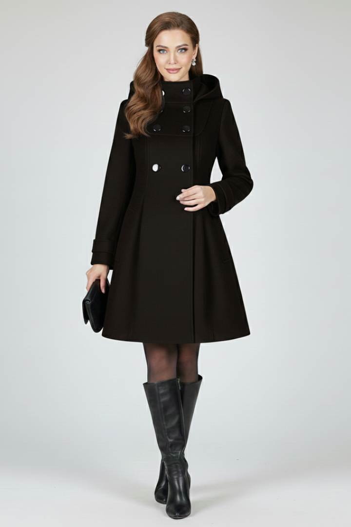 Women's Hooded Double Button Fit and Flare Coat