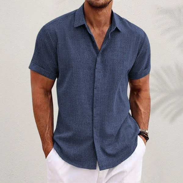 Linen Blend Short Sleeve Shirt with Point Collar
