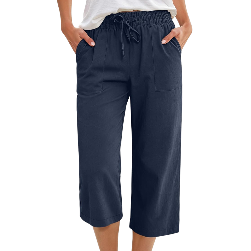 Wide Leg Cropped Linen Trousers with Drawstring Waist