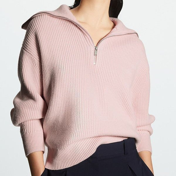 Women's Striped Half-Zip Ribbed Collar Knit Sweater