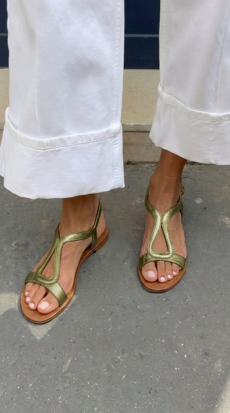 Metallic Cut-Out Strap Flat Sandals with Ankle Buckle