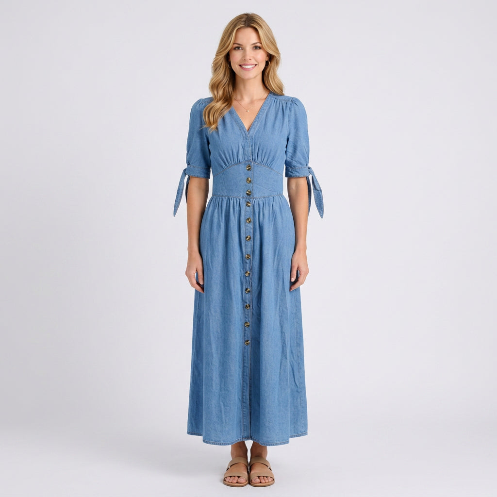Maxi Dress – Button Front Tie Sleeve Casual Style