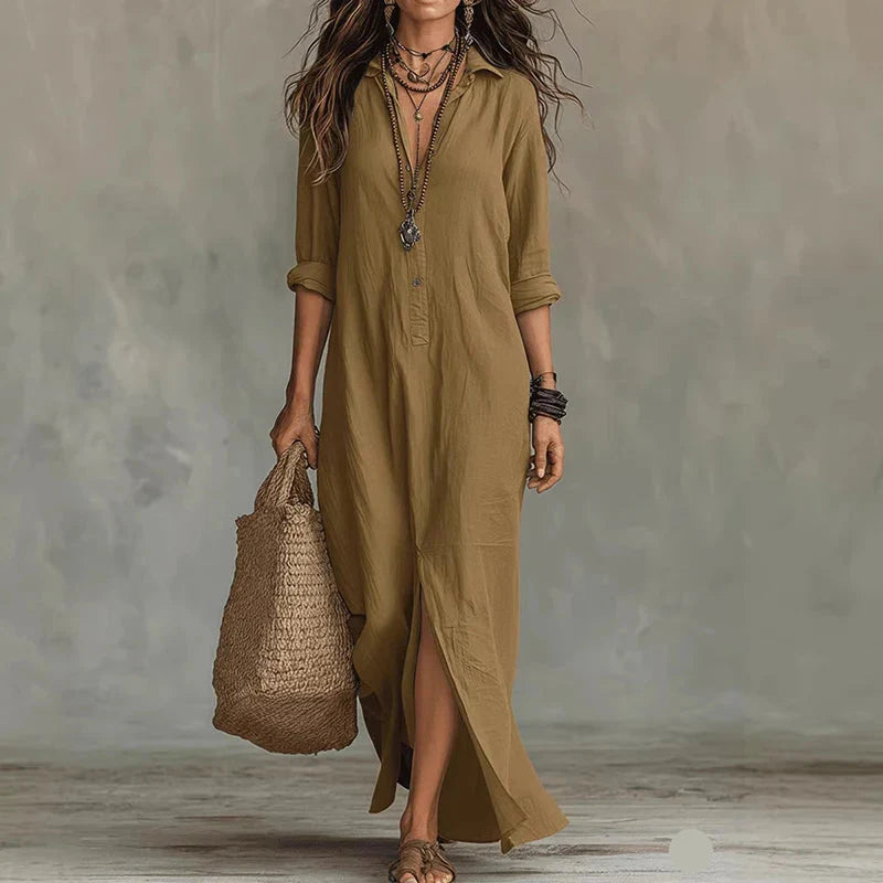 Linen Shirt Maxi Dress with Button Front