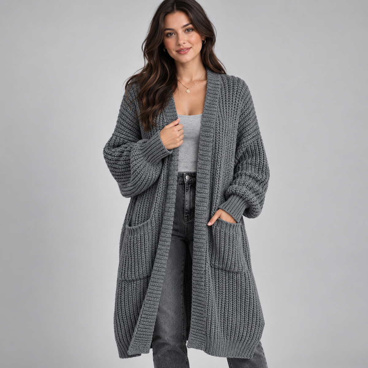 Women's Longline Chunky Knit Open Cardigan