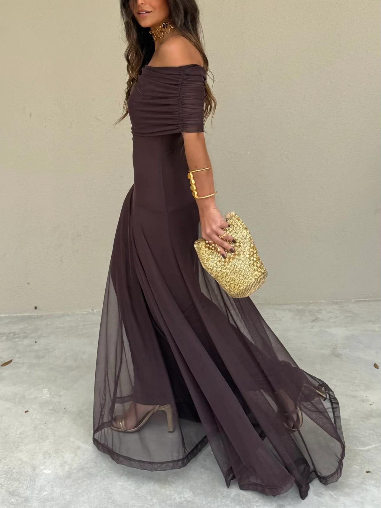Off-Shoulder Sheer Mesh Flowy Maxi Dress