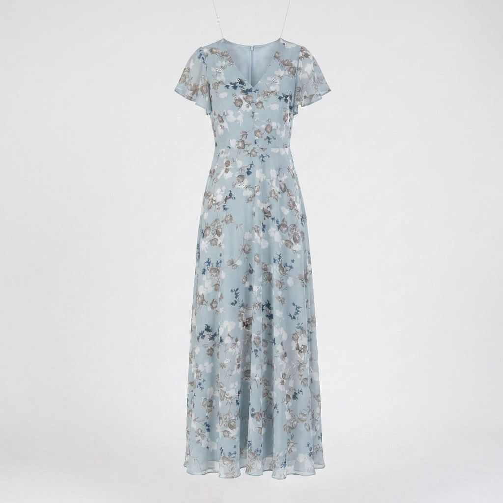 Women’s Floral Maxi Dress – V Neck Flutter Sleeve Long Dress