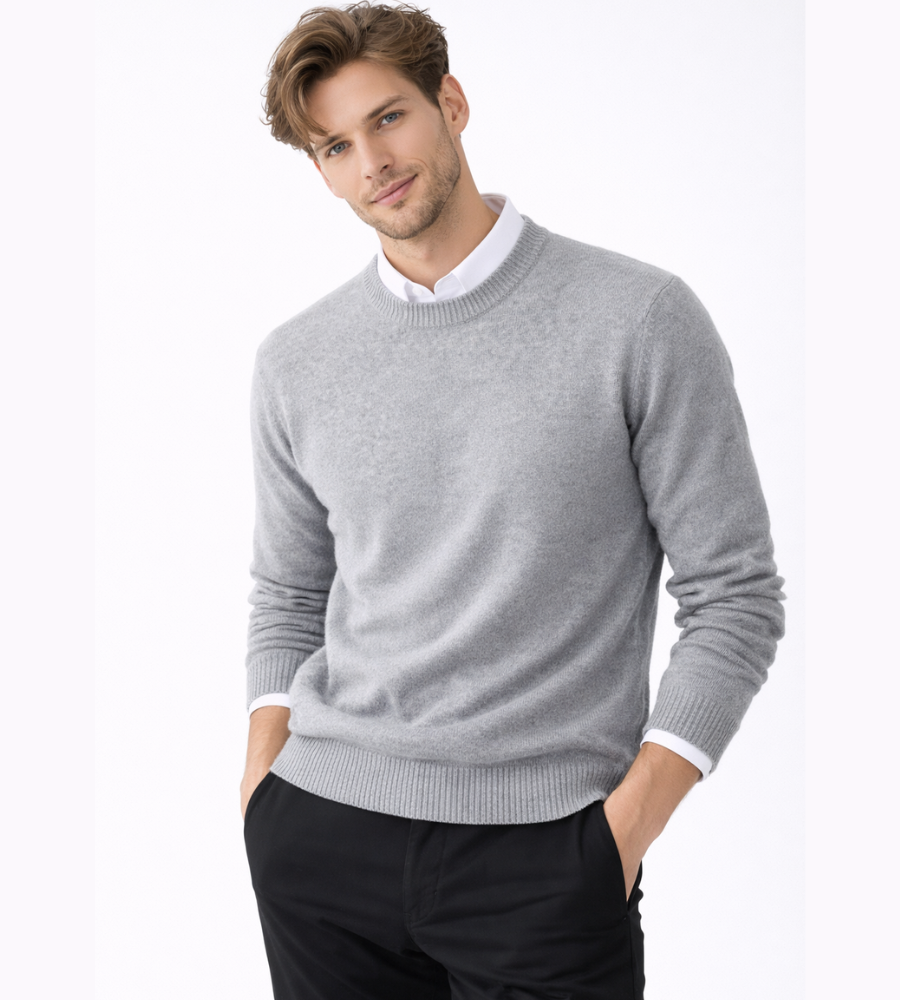 Men's textured knit crew neck sweater shown in light blue and black with long sleeves and ribbed edges