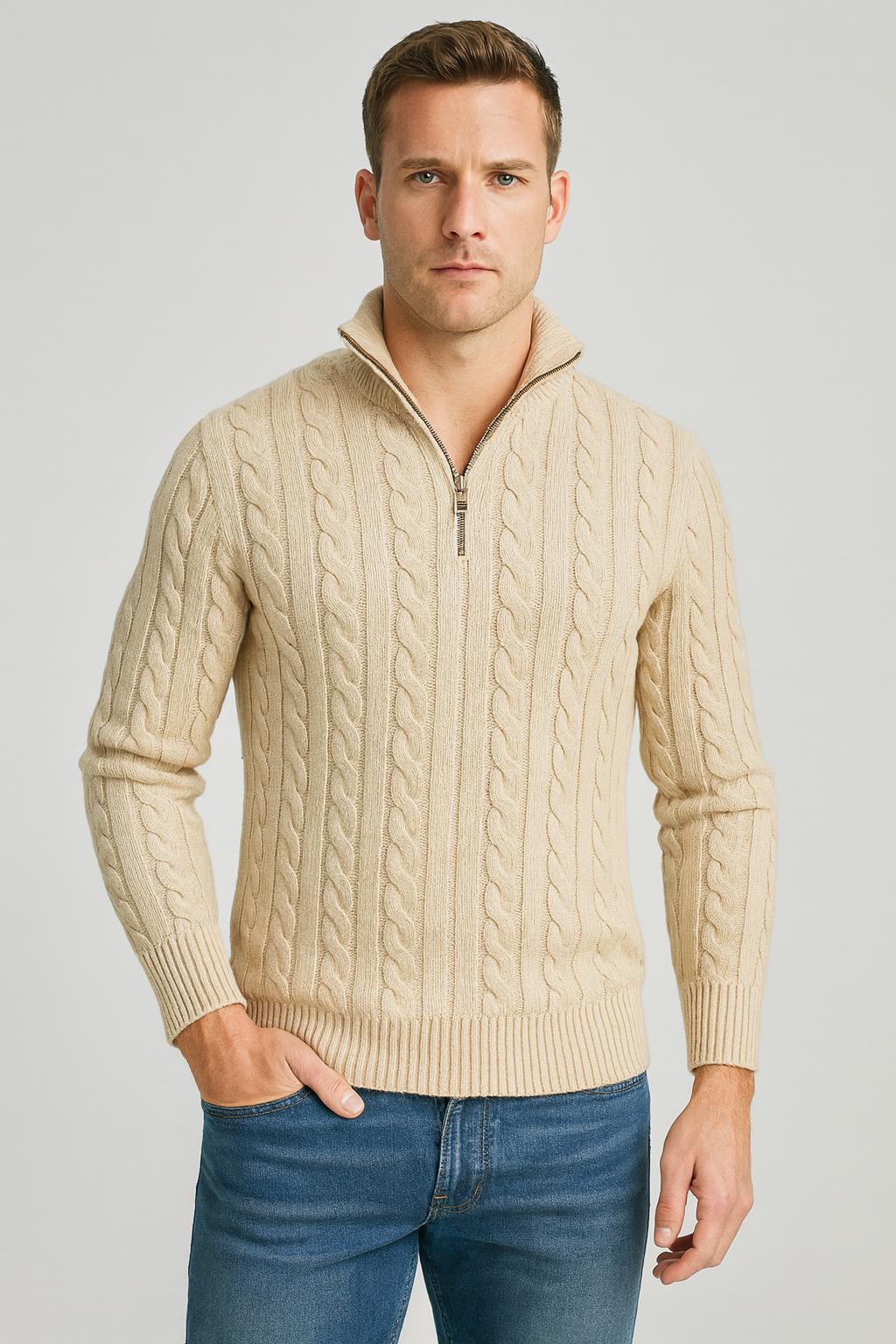 Men's cable knit half-zip mock neck sweater with long sleeves and ribbed trims