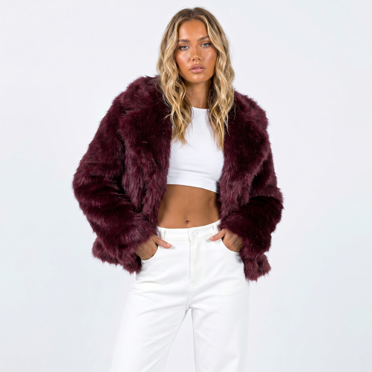 Women's Cropped Faux Fur Open Front Jacket