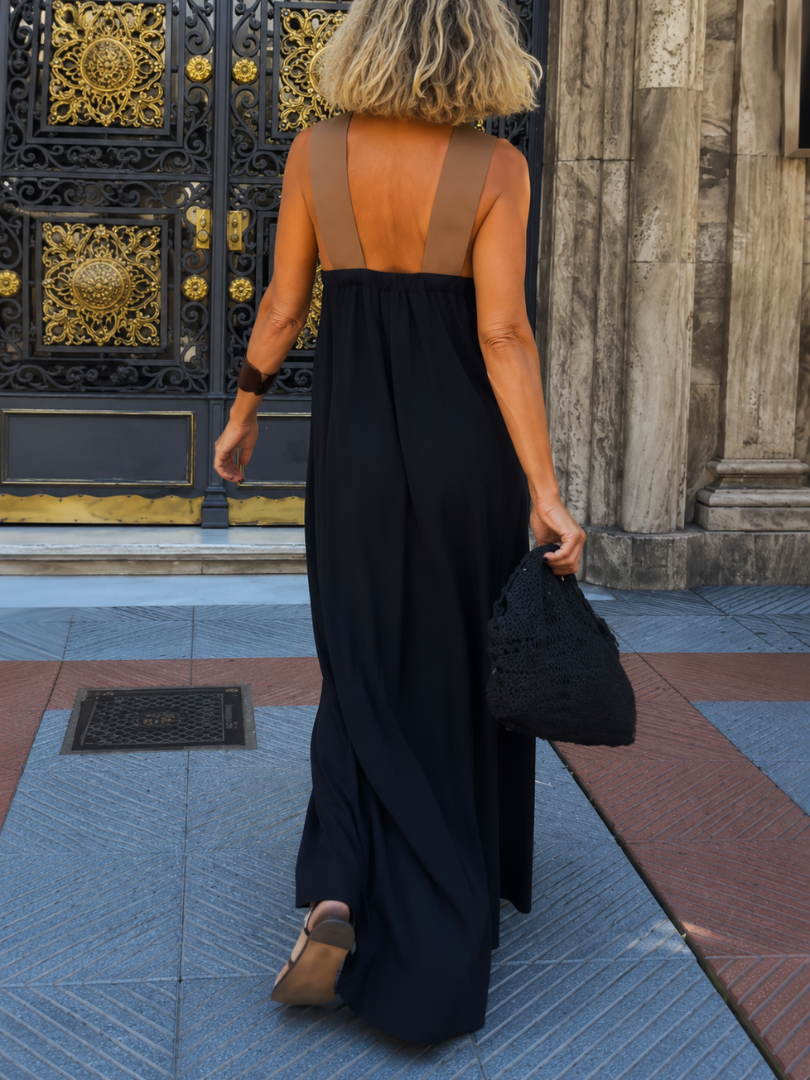 Colour Block Cross-Front Halter Maxi Dress