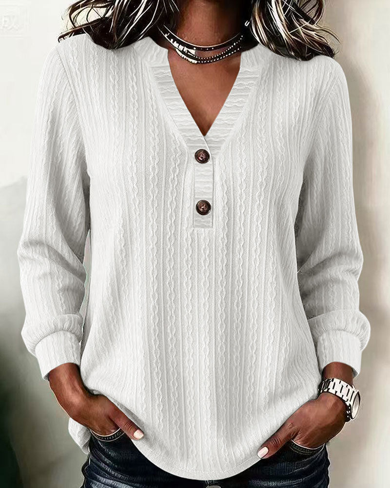 Women's Cable Textured V-Neck Button Long Sleeve Top