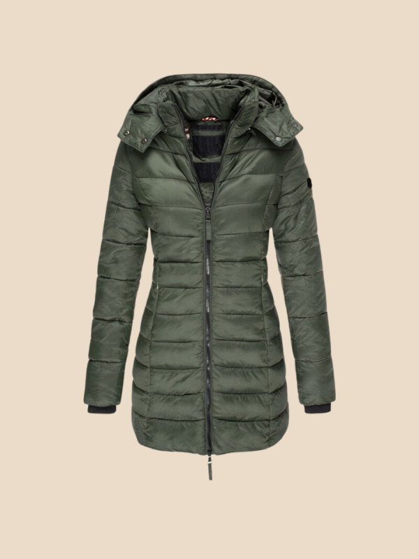 Women's hooded navy quilted longline puffer coat with zip front and angled zip pockets