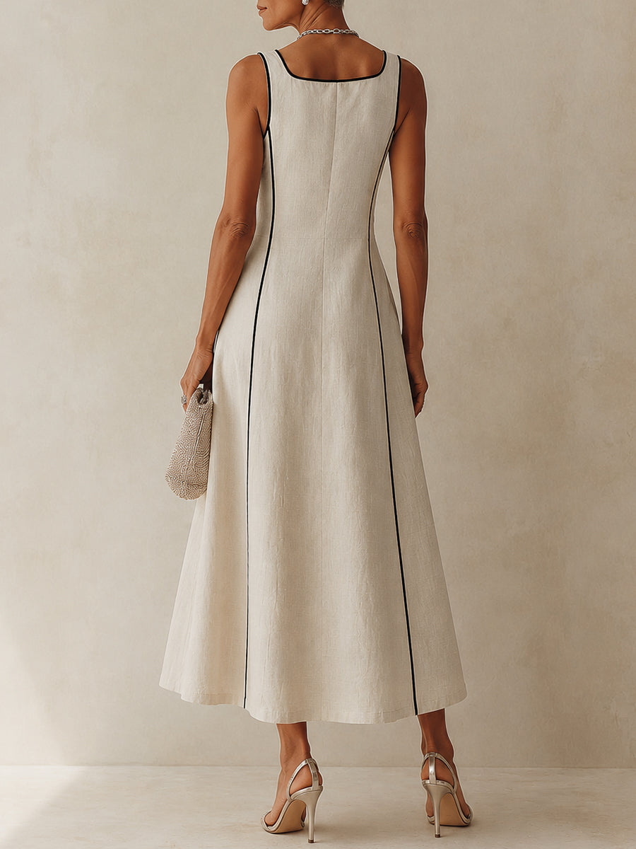 Contrast Piping Square Neck Fit-and-Flare Midi Dress