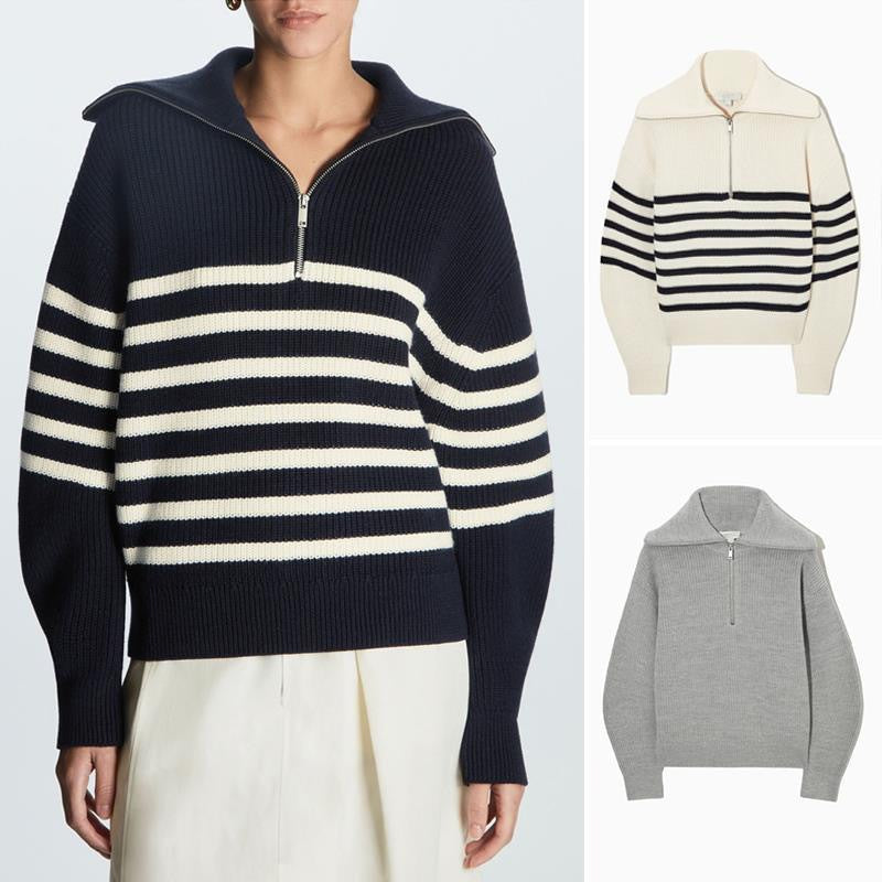 Women's Striped Half-Zip Ribbed Collar Knit Sweater