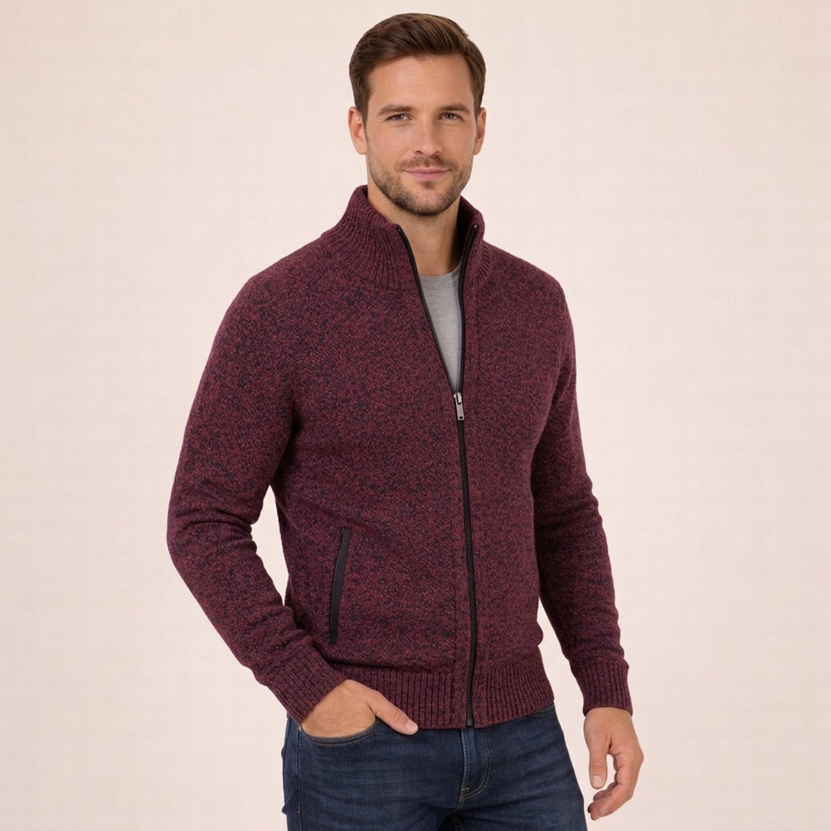 Men's Textured Knit Full-Zip Mock Neck Sweater