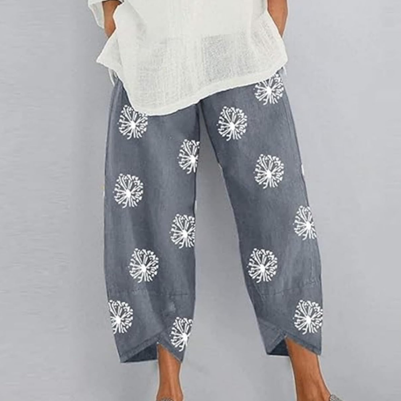 Dandelion Print Cropped Trousers with Asymmetric Hem