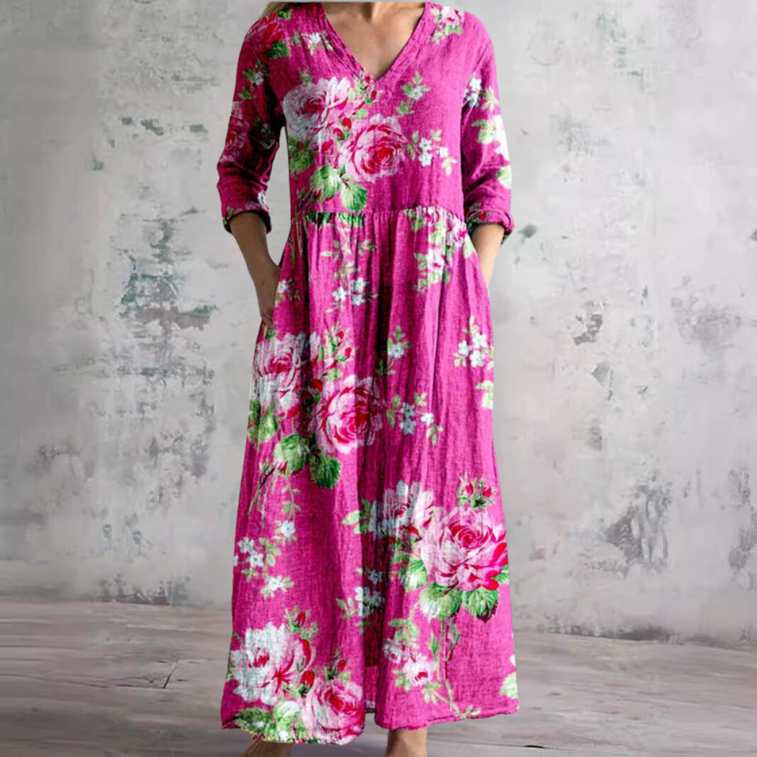 Robe longue à col en V avec imprimé floral botanique et poches