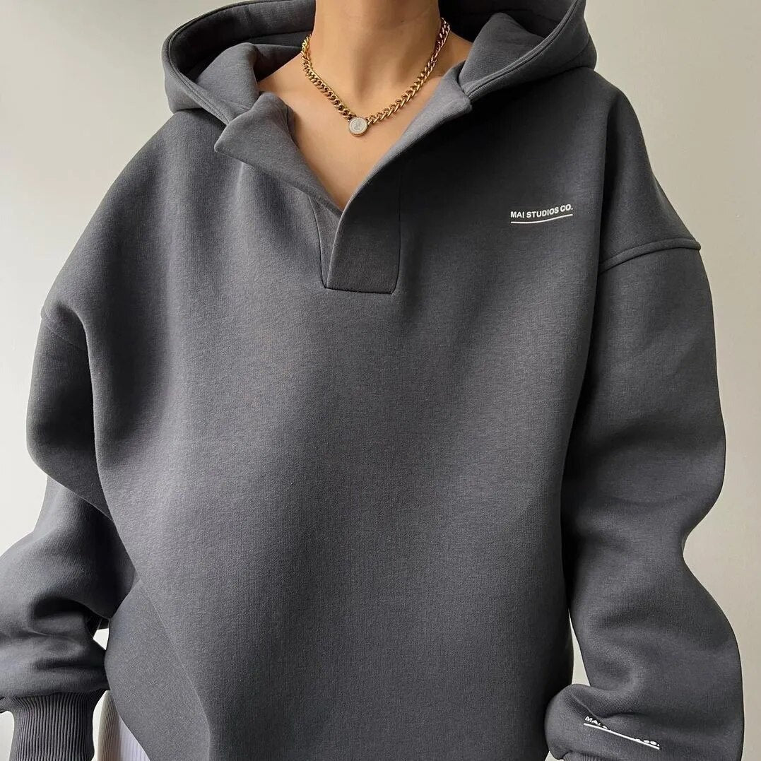 Women's Oversized Polo Hoodie with Open Collar