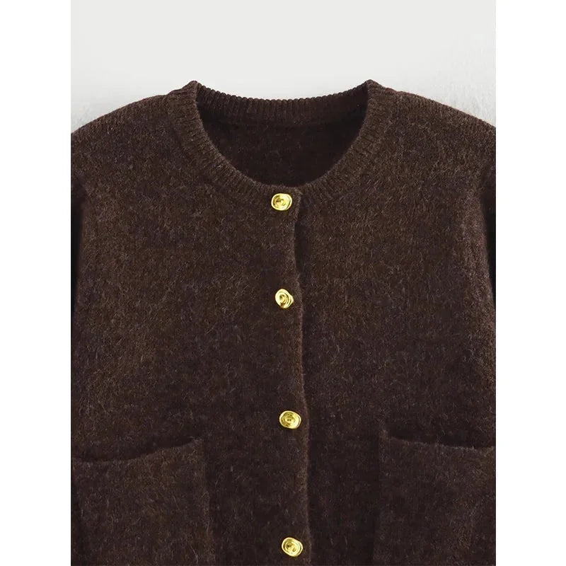 Cardigan en maille court pour femme, à col rond et boutonné