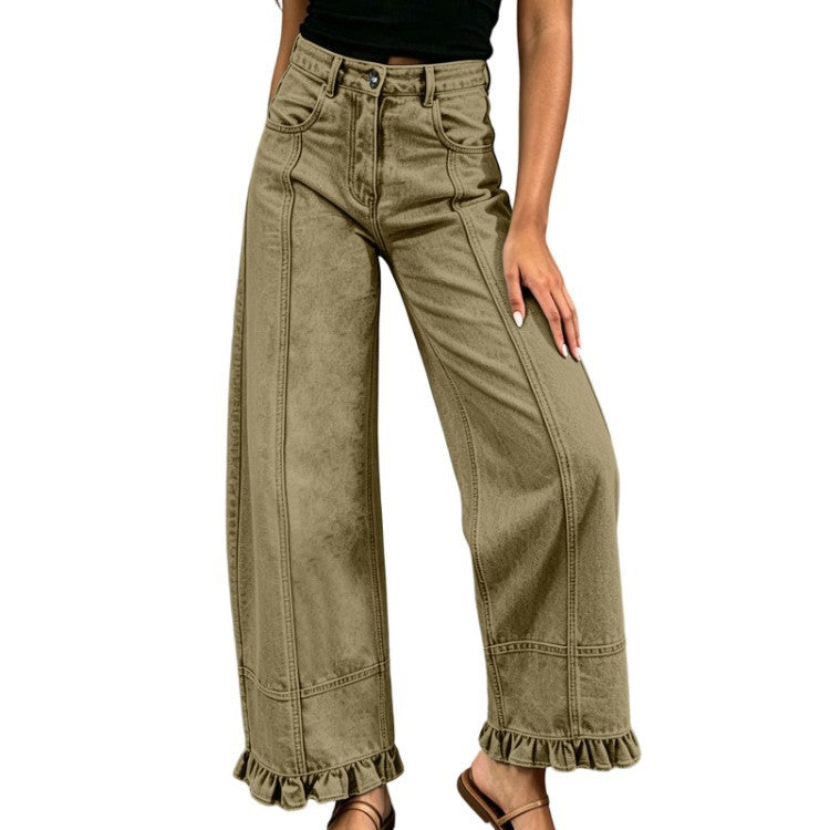 Women's Wide Leg Jeans with Ruffle Hem Detail