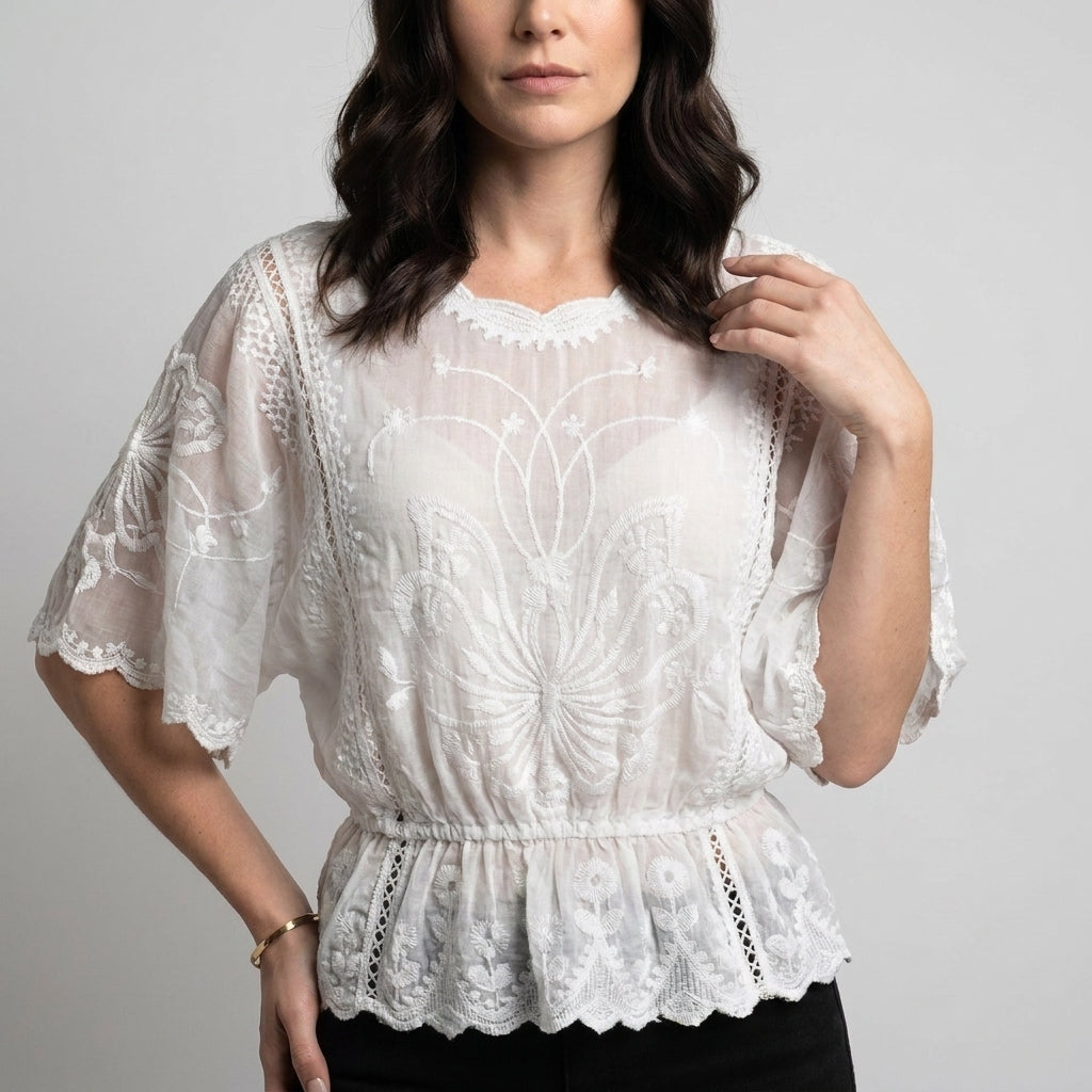 Embroidered Lace Peplum Top with Scalloped Hem