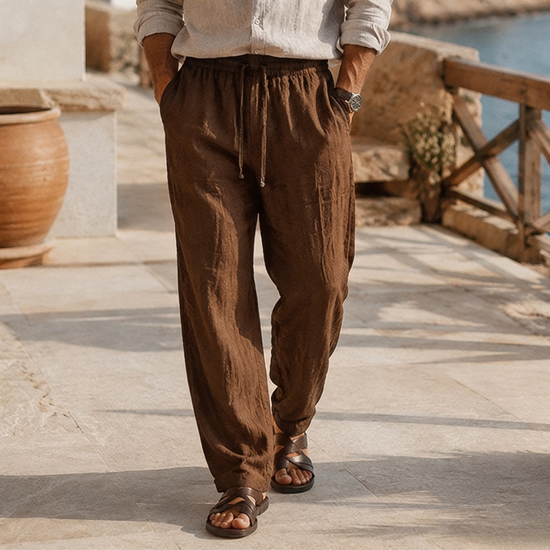 Loose Fit Lightweight Linen Beach Trousers with Drawstring Waist
