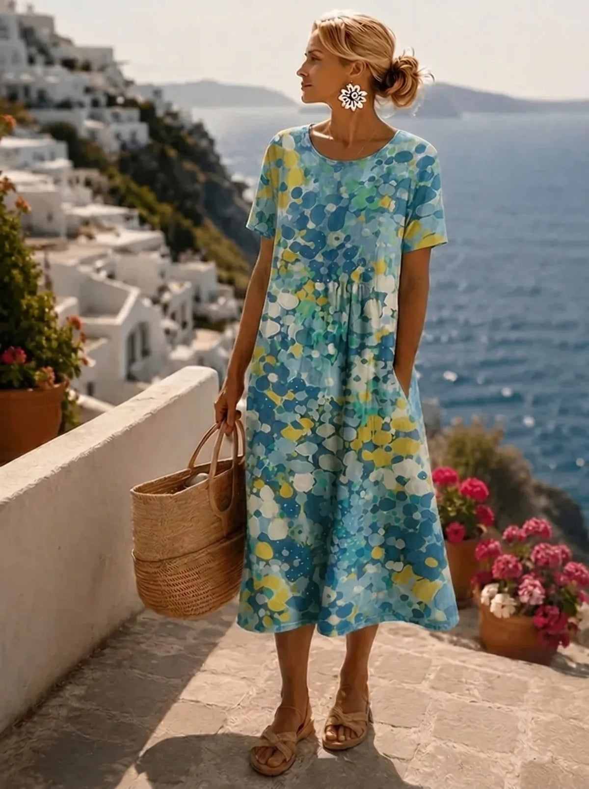 Women's Abstract Print Round Neck Midi Dress