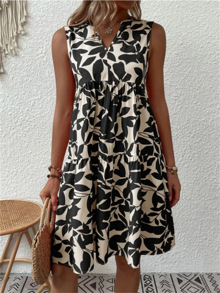 Women's Leaf Print Sleeveless Tiered Babydoll Dress