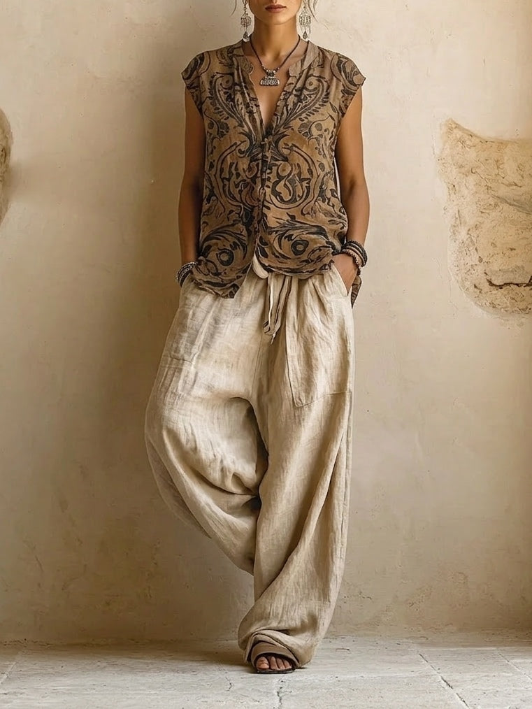 Long Line Button-Front Linen Duster Coat