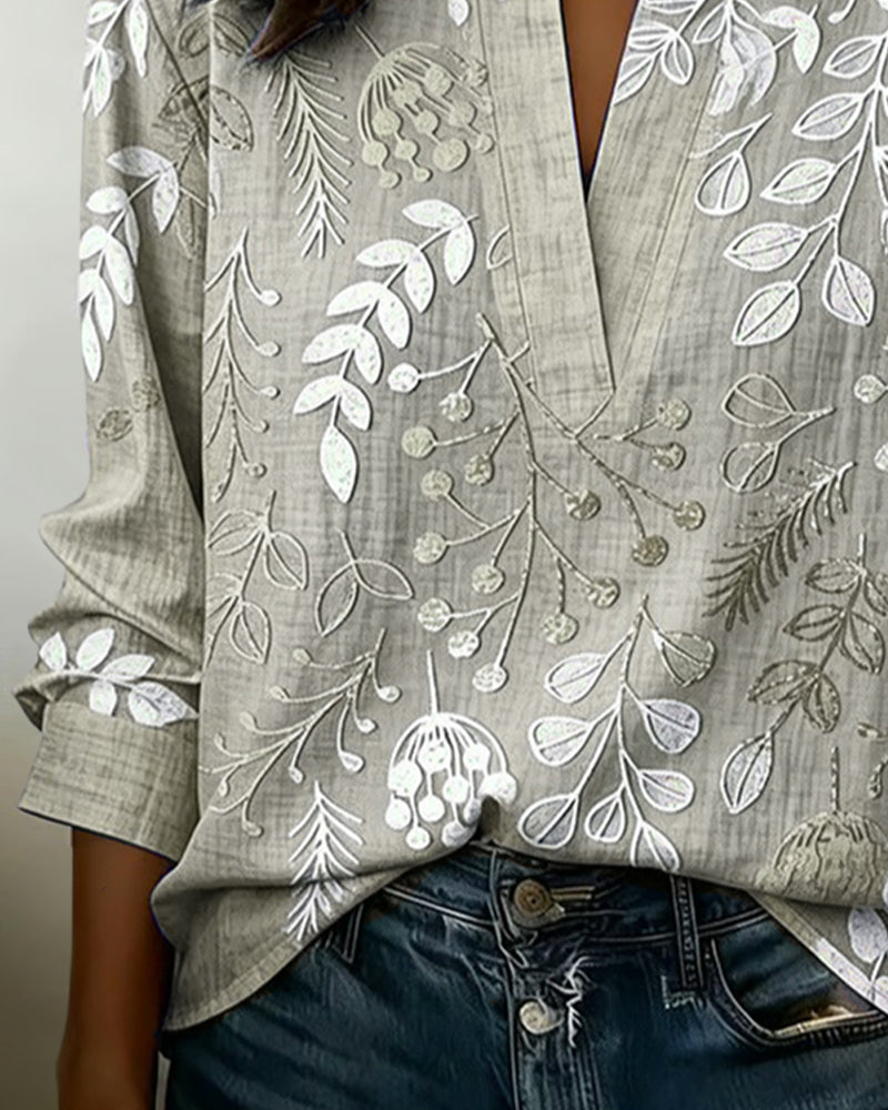 Botanical Print V-Neck Long Sleeve Blouse