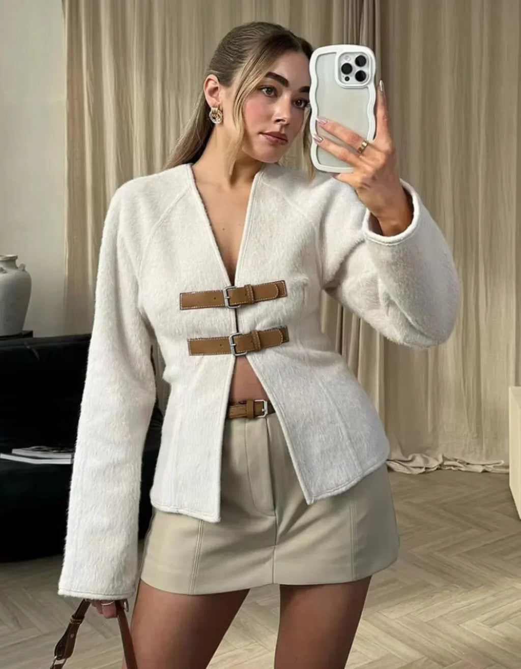 Women's Textured Knit Cardigan with Buckle Strap Detail