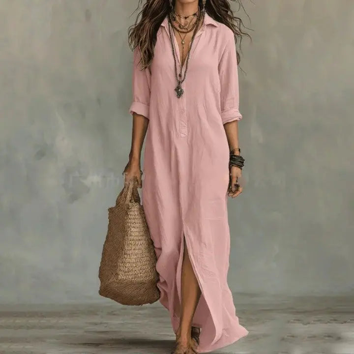 Women's Collared Split Hem Linen Maxi Shirt Dress
