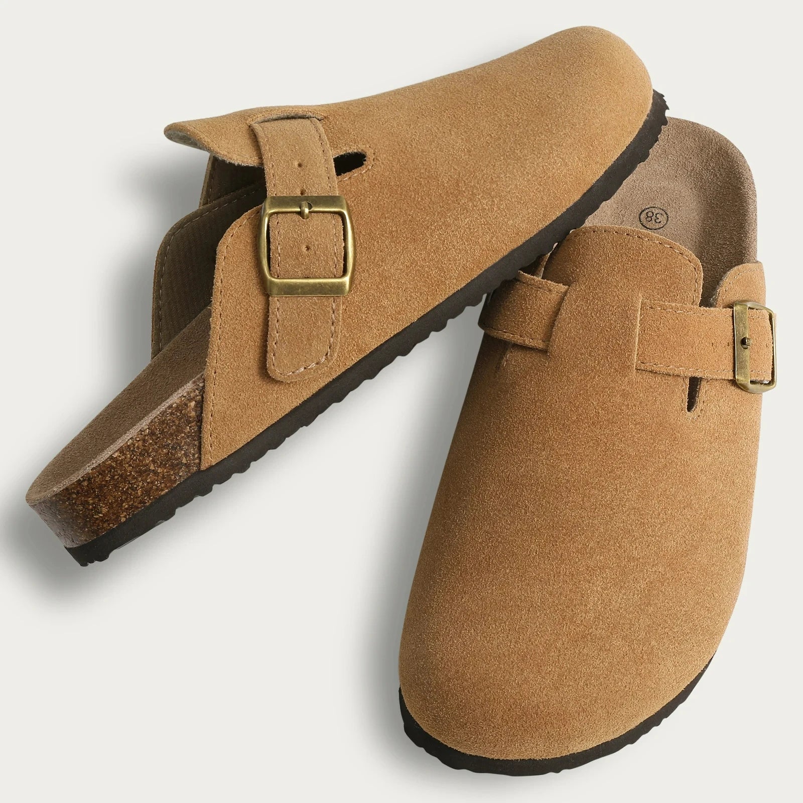 Suede Closed-Toe Clog Mules with Cork Footbed